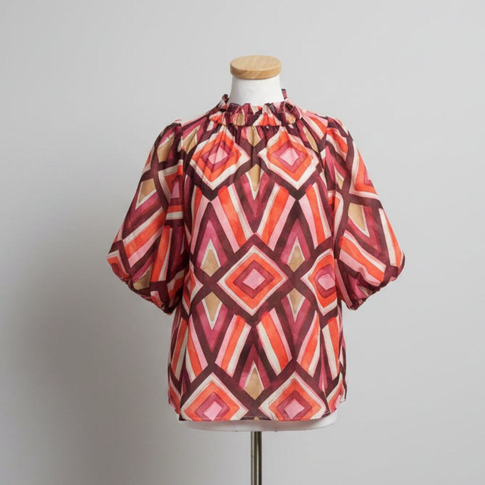 THML wine, orange, and tan print Jemma blouse, size L